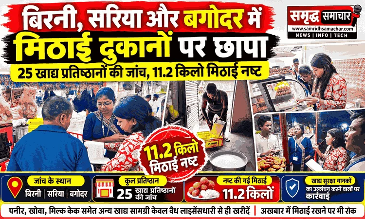 बिरनी, सरिया और बगोदर में मिठाई दुकानों पर छापा, 11.2 किलो मिठाई नष्ट